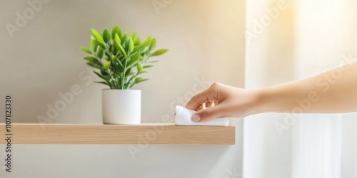 A hand is cleaning a shelf with a plant in a pot, illuminated by soft, natural light, creating a serene and tidy atmosphere.