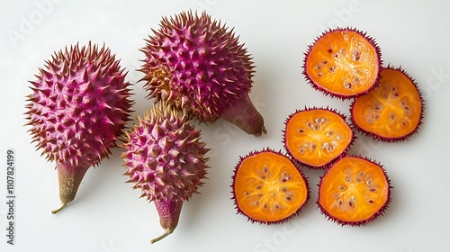 A takhop fruit with its spiny exterior placed next to a few sliced pieces of the fruit on a white surface photo