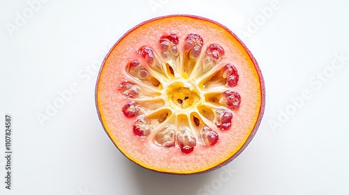 A takhop fruit sliced open, with its flesh showing the bright interior against a white background photo