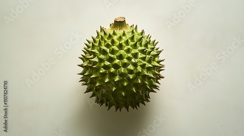 A takhop fruit placed at the center of a white surface, showcasing its spiky, green texture photo