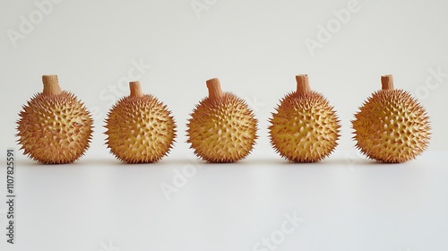 A few takhop fruits arranged in a line on a white background, highlighting their spiky exterior photo