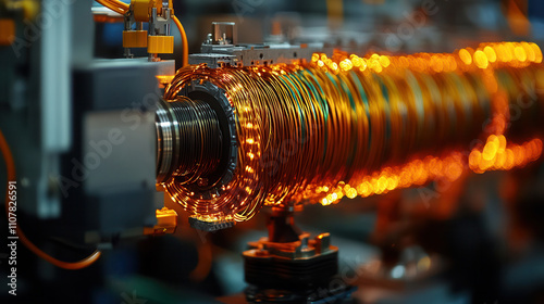 Close up of intricate wiring in wind turbine motor, showcasing detailed copper coils and electrical components, highlighting complexity of renewable energy technology