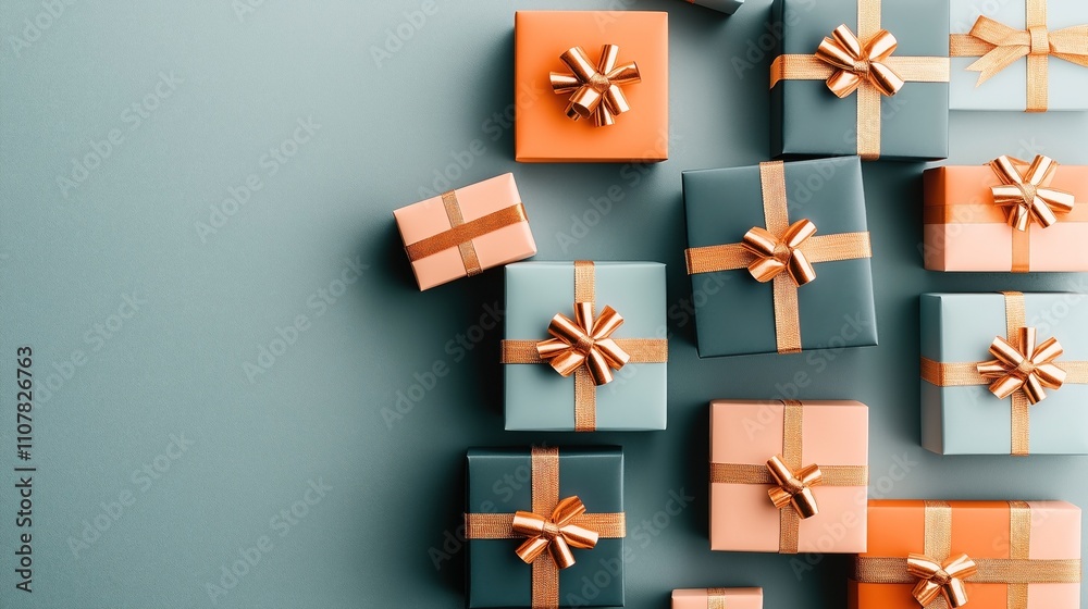 Obraz premium Assorted gift boxes with orange and teal wrapping and gold ribbons on a teal background, arranged in an artistic pattern.