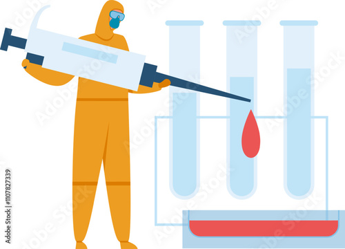 Scientist in hazmat suit injects red liquid into test tubes, with petri dish in foreground, showing lab research or medical testing