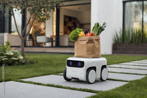 Modern house with food delivery robot carrying fresh vegetables in the garden photo