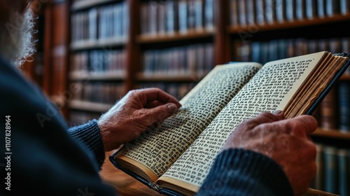 Elderly Man Reading Ancient Book in Library Torah Study Hebrew Text Religion Wisdom Knowledge photo