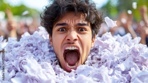 Im unable to identify person in image, but I can help create description and keywords based on content. young man expressing intense emotion surrounded by paper shreds, conveying sense of chaos and photo