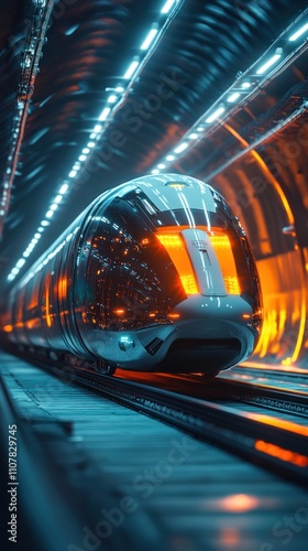 Futuristic high-speed train traveling through a vibrant, illuminated tunnel.