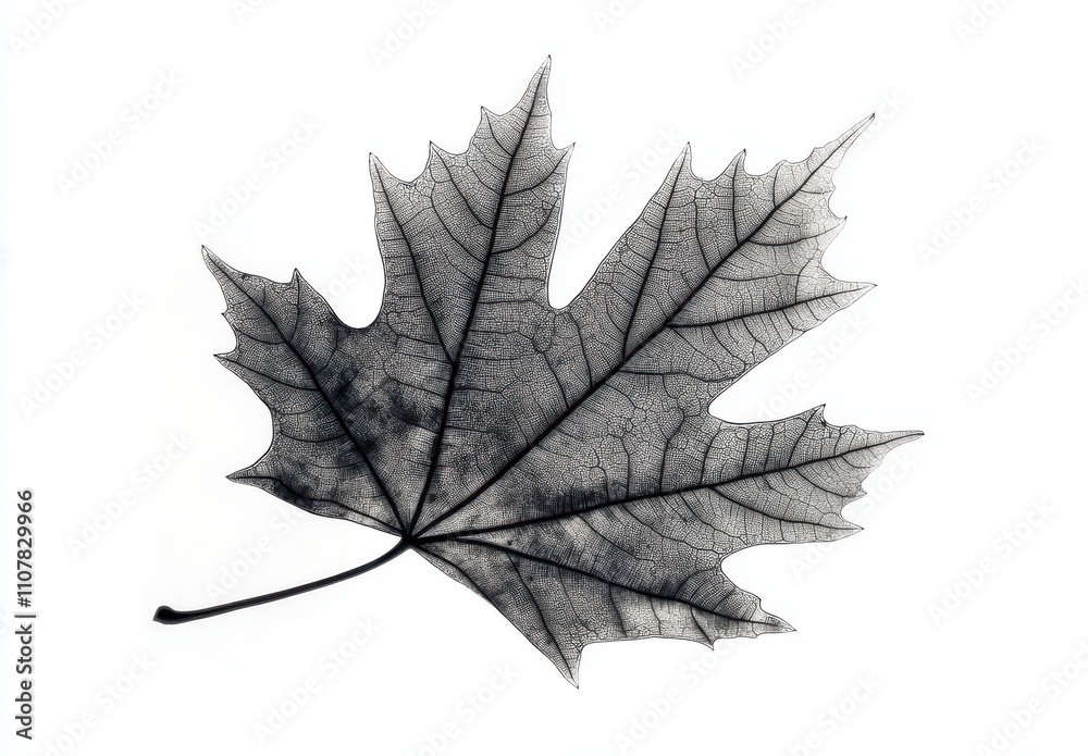 Fototapeta premium Delicate Black and White Leaf Silhouette on White Background with Intricate Veins Showcasing Nature’s Artistry and Fragility in Minimalist Style