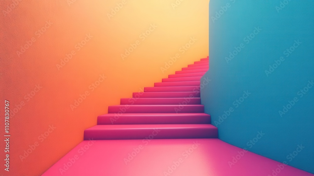 Fototapeta premium A vibrant staircase leads upwards, blending shades of pink, orange, and blue against a minimalist background.