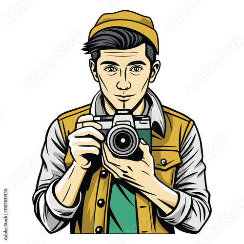 Cartoon Photographer Holding Camera and Wearing Hat

