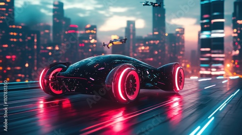 Futuristic black sports car with glowing red wheels driving on a futuristic city street with drones in the sky.