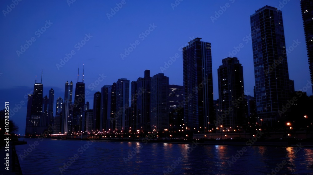 Obraz premium Night skyline of a city with illuminated buildings and reflections on water.