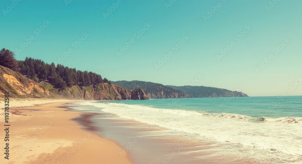 Fototapeta premium Serene beachscape with lush hills gentle waves at sunrise