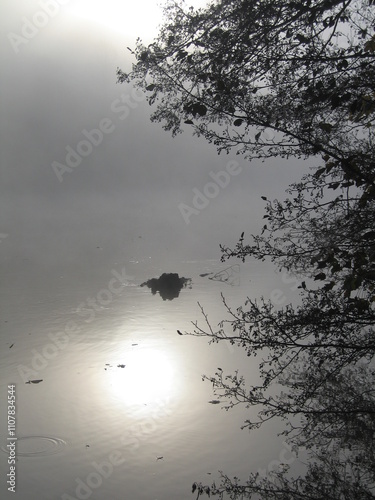 Sun reflected in the river Thames on a misty morning  on the towpath near Boulters Lock photo