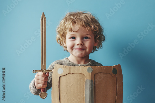 Child in playful stance holding cardboard sword and shield, imagination bringing life to simple toys. photo