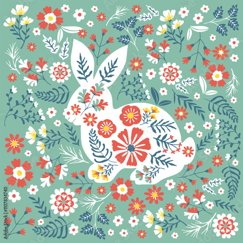 Cute Rabbits and Flower background vector seamless, Little Bunny pattern Kids print. Cute Easter Bunny in a wreath of flowers and leaves on turquoise background.