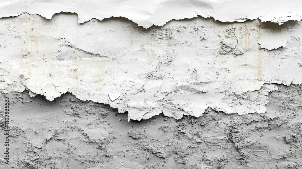 Obraz premium Peeling white paint on textured gray wall creates striking contrast. layers of paint reveal underlying surface, showcasing weathered and aged appearance