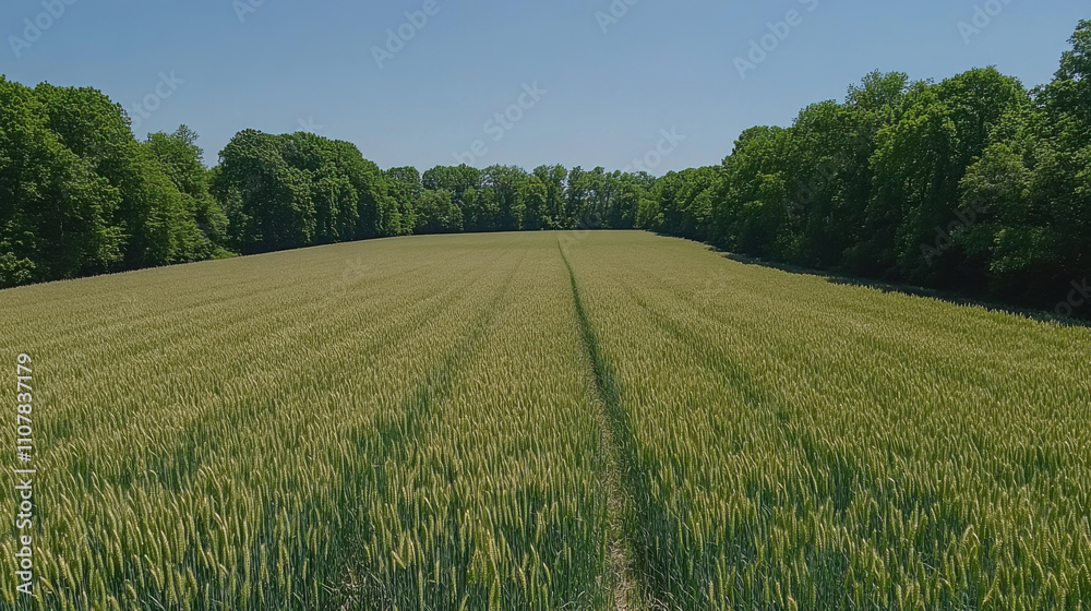 Fototapeta premium vast wheat field stretches under clear blue sky, bordered by lush green trees, creating serene and tranquil landscape