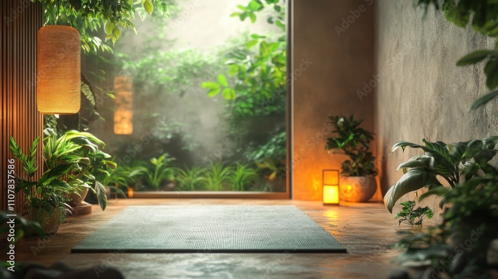 Obraz premium A tranquil and serene room with a view of lush greenery. The wooden floor features a mat for meditation or yoga, and the large window provides a glimpse of the outdoors. 