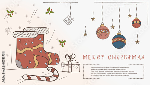 Christmas colored contour illustration in the style of childrens doodles with the text Lorem Ipsum Knitted warm socks with candy
