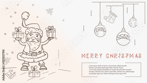 Christmas contour illustration in the style of childrens doodles with the text of Lorem Ipsum Santa Claus Holding boxes with gifts