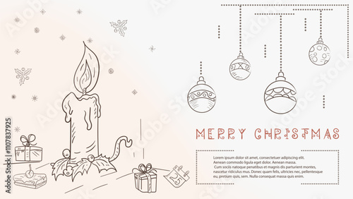 Christmas contour illustration in the style of childrens doodles with the text of Lorem Ipsum a Christmas candle and a number of gifts