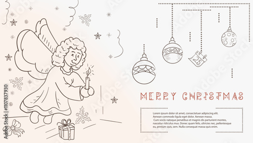Christmas contour illustration in the style of childres doodles with the text Lorem Ipsum a Christmas angel holding a candle
