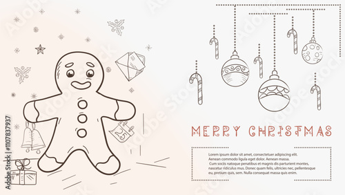 hristmas contour illustration in the style of childrens doodles with the text Lorem Ipsum Gingerbread man
