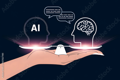 Hand grasps glowing balance scale with AI and brain symbol, suggesting communication