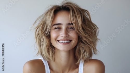 Portrait young woman blonde hair She smiling widely