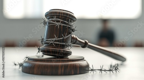 the jurist's conception of law and authority, the judicial gavel in the courtroom of criminal law and judgment, the judge who has justice to punish guilt photo