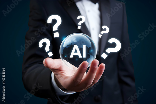 Person in formal attire holds a transparent sphere with a digital AI representation
