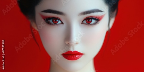 Captivating beauty with striking red accents against a bold background showcasing artistic makeup techniques