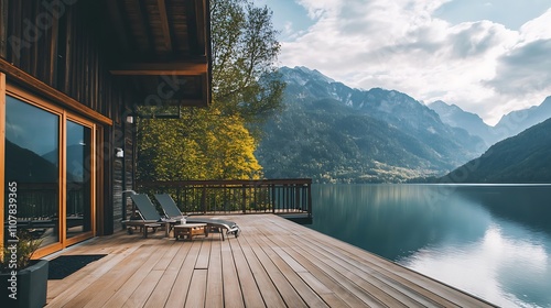 Stunning lodge with wooden deck overlooking tranquil lake and majestic mountains during daylight