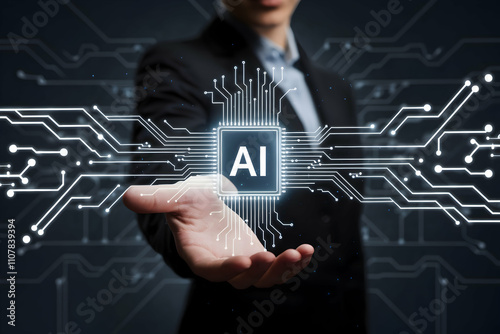 Person extends hand toward a digital chip featuring AI and circuit lines
