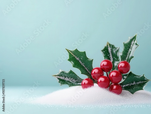 Holly sprigs and glitter snow, stylish endofyear promo design, 3D illustration photo