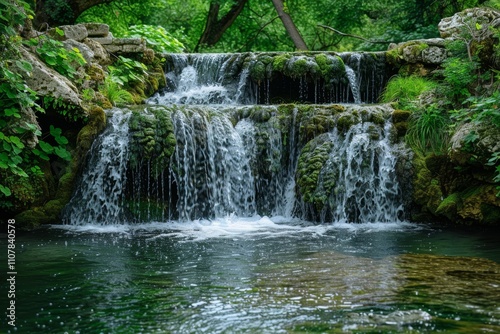 Water cascades over rocks in a lush green forest setting during daylight hours