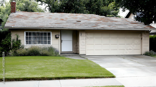 Suburban house with attached garage, needing roof repair, green lawn.