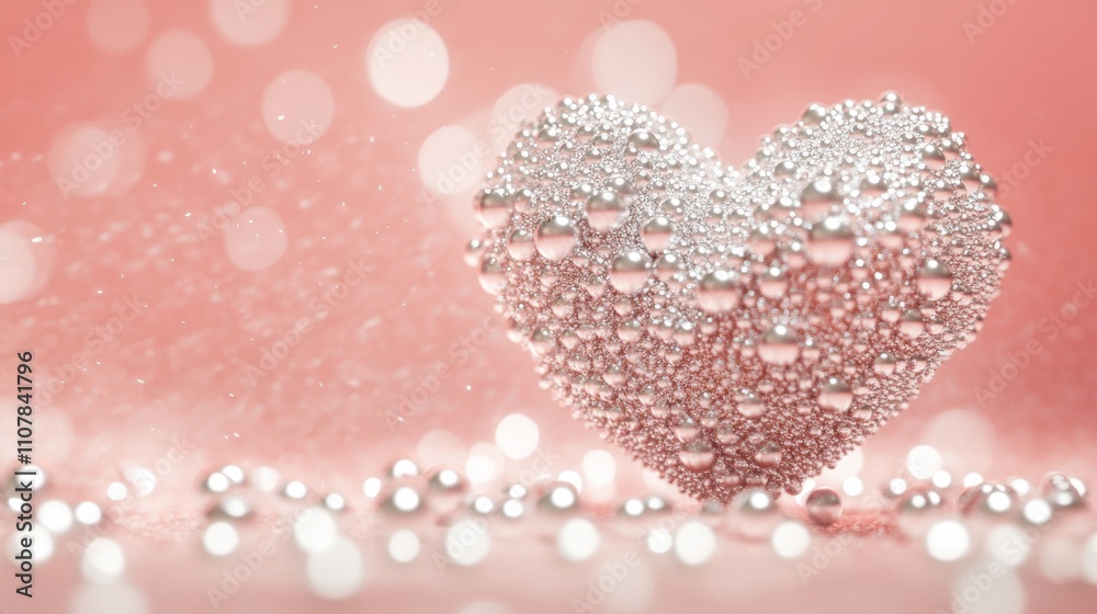 Fototapeta premium Shimmering Heart Shape Covered in Drops of Water on a Soft Pink Background Symbolizing Love and Romantic Sentiments in a Charming and Captivating Way
