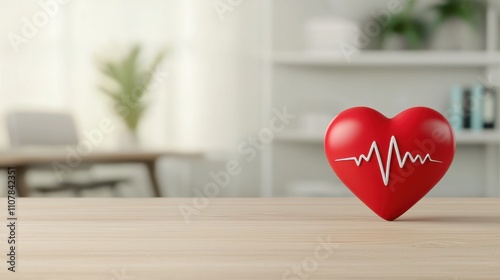 Red heart with a heartbeat line on a wooden surface in a modern setting.