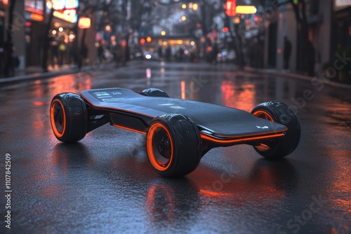 Futuristic electric skateboard on wet city street at night.