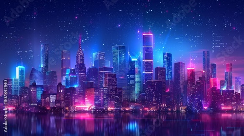 Vibrant city skyline illuminated by neon lights at night with reflections on water surface