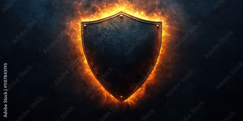 Fototapeta premium Flames enveloping a shield symbolizing protection and strength in a dramatic and artistic setting
