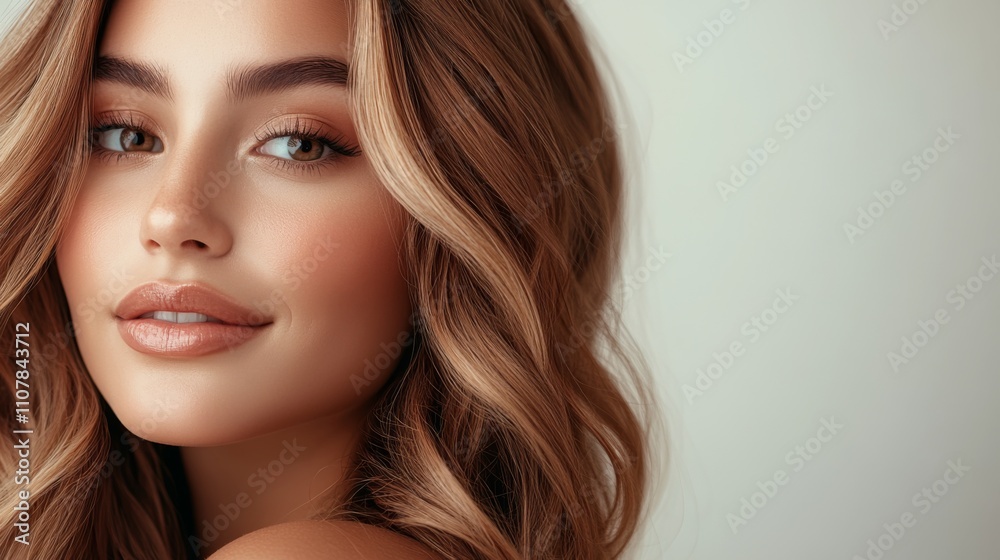 Fototapeta premium A captivating portrait of a woman with radiant complexion and softly curled hair, exuding a serene and confident expression in a simple, elegant style.