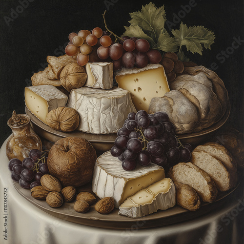 Artful display of cheese, fruits, and bread on a rustic table in a warm setting. Generative AI photo