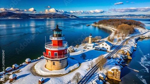 Winter Drone Photography of Tarrytown Light, Kingsland Point Light, and Sleepy Hollow Light on the Hudson River in Sleepy Hollow, NY – Scenic Historic Lighthouse View photo