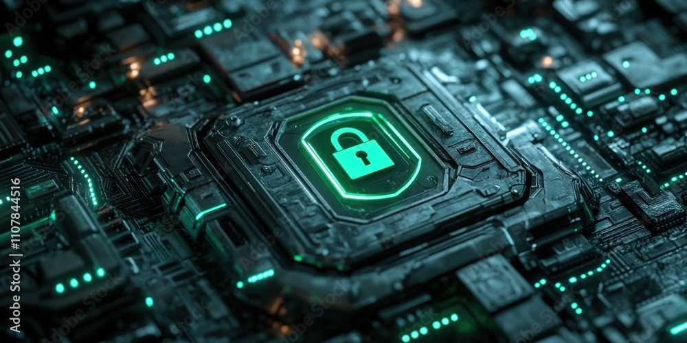 Fototapeta premium Digital security technology design showcasing a glowing lock symbol on a circuit board
