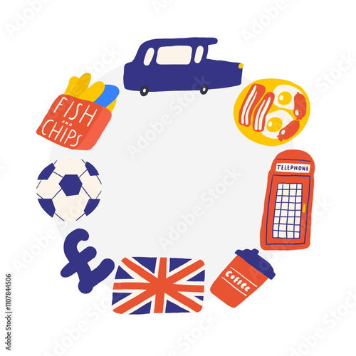 Cute England, English, Great Britain, United Kingdom theme composition, banner, wreath with funny doodle cab, taxi, flag, fish and chips, football, coffee, telephone box, pound. British background