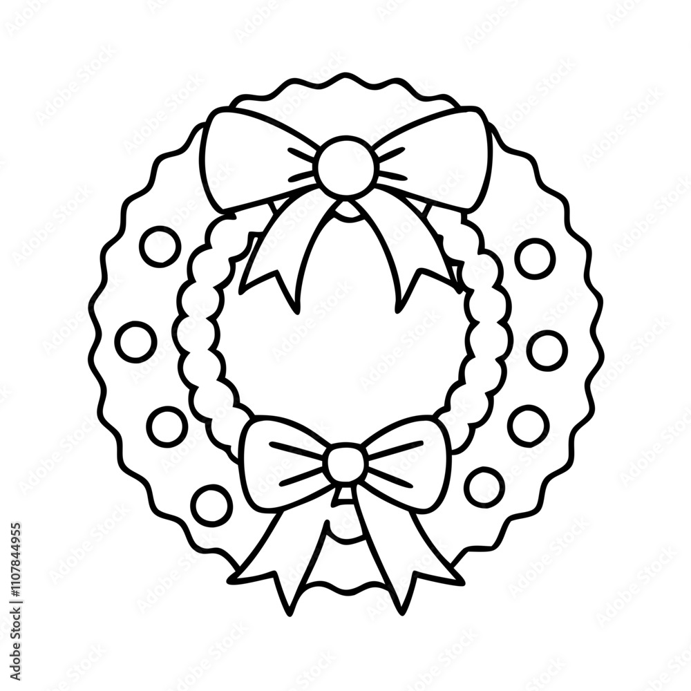 Fototapeta premium christmas wreath with bow icon, christmas illustration, holiday icon - simple black line art of achristmas wreath with bow , symbolizing holiday celebrations and festive spirit.